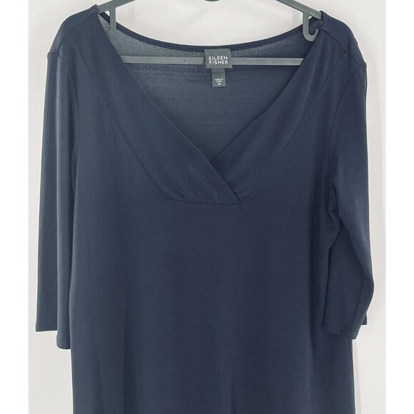 EILEEN FISHER Top Women XS Dark Blue 100% Silk Scoop‎ V-Neck 3/4 Sleeve - Picture 5 of 8